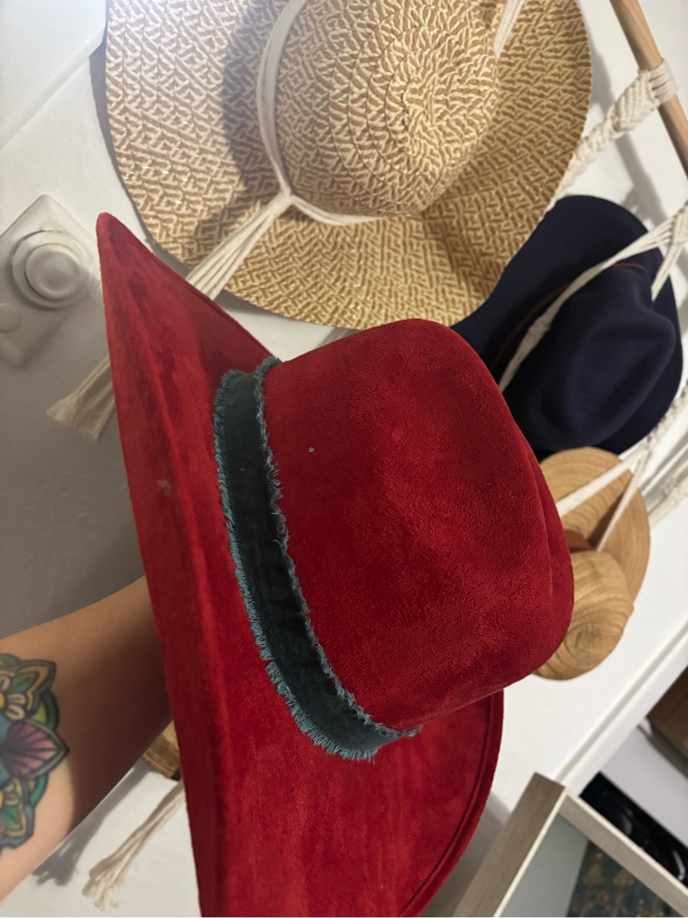 Custom Red Women’s cowgirl Hat with Teal Feather Trim - Picture 2 of 3